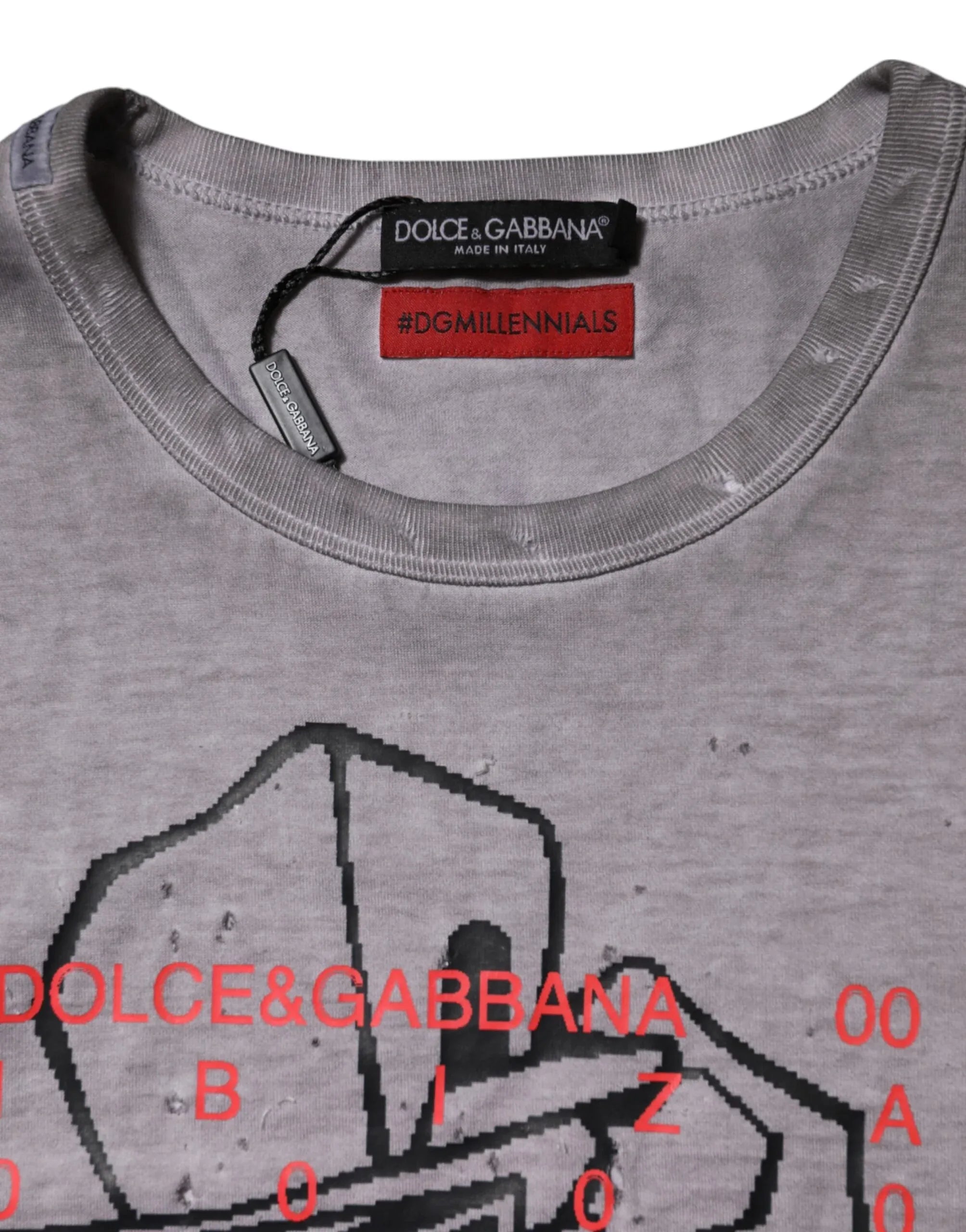 Dolce & Gabbana Gray Graphic Print Cotton Crew Neck T-shirt - Zeiniez
