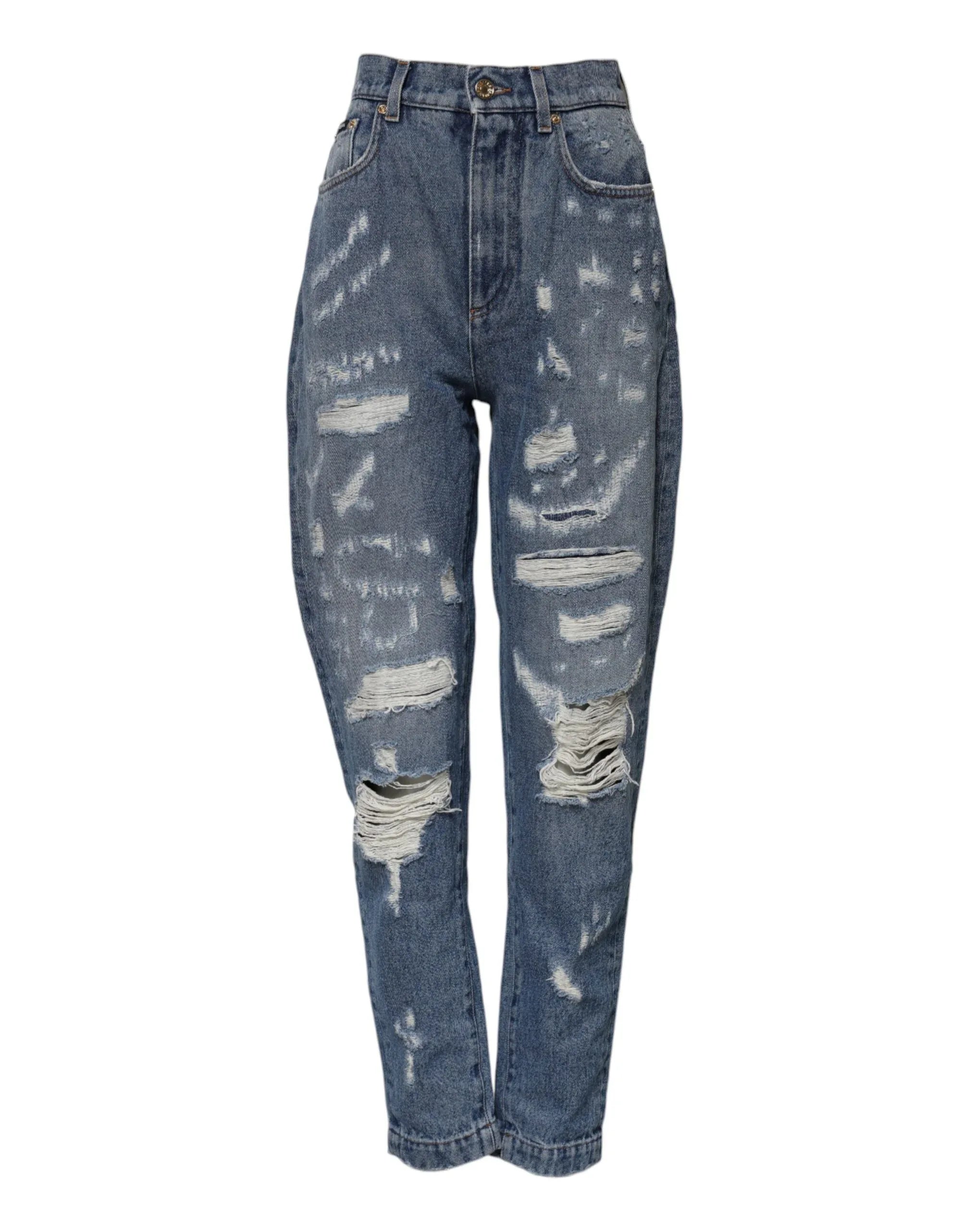 Dolce & Gabbana Blue AMBER Tattered High Waist Denim Jeans - Zeiniez