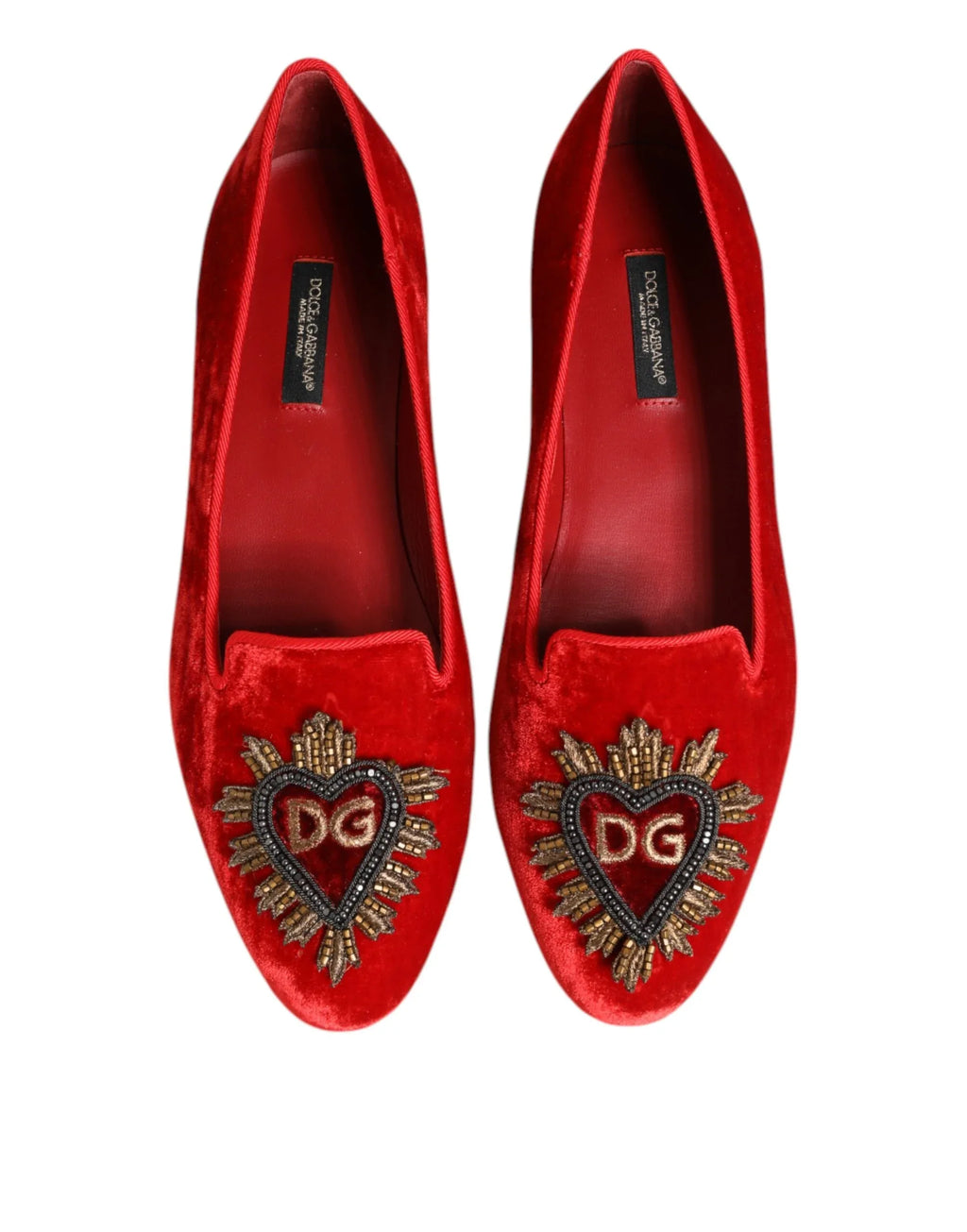 Dolce & Gabbana Red Velvet DG Heart Loafers Flats Shoes - Zeiniez