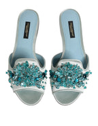 Dolce & Gabbana Silver Blue Leather Bead Embellish Slide Shoes - Zeiniez