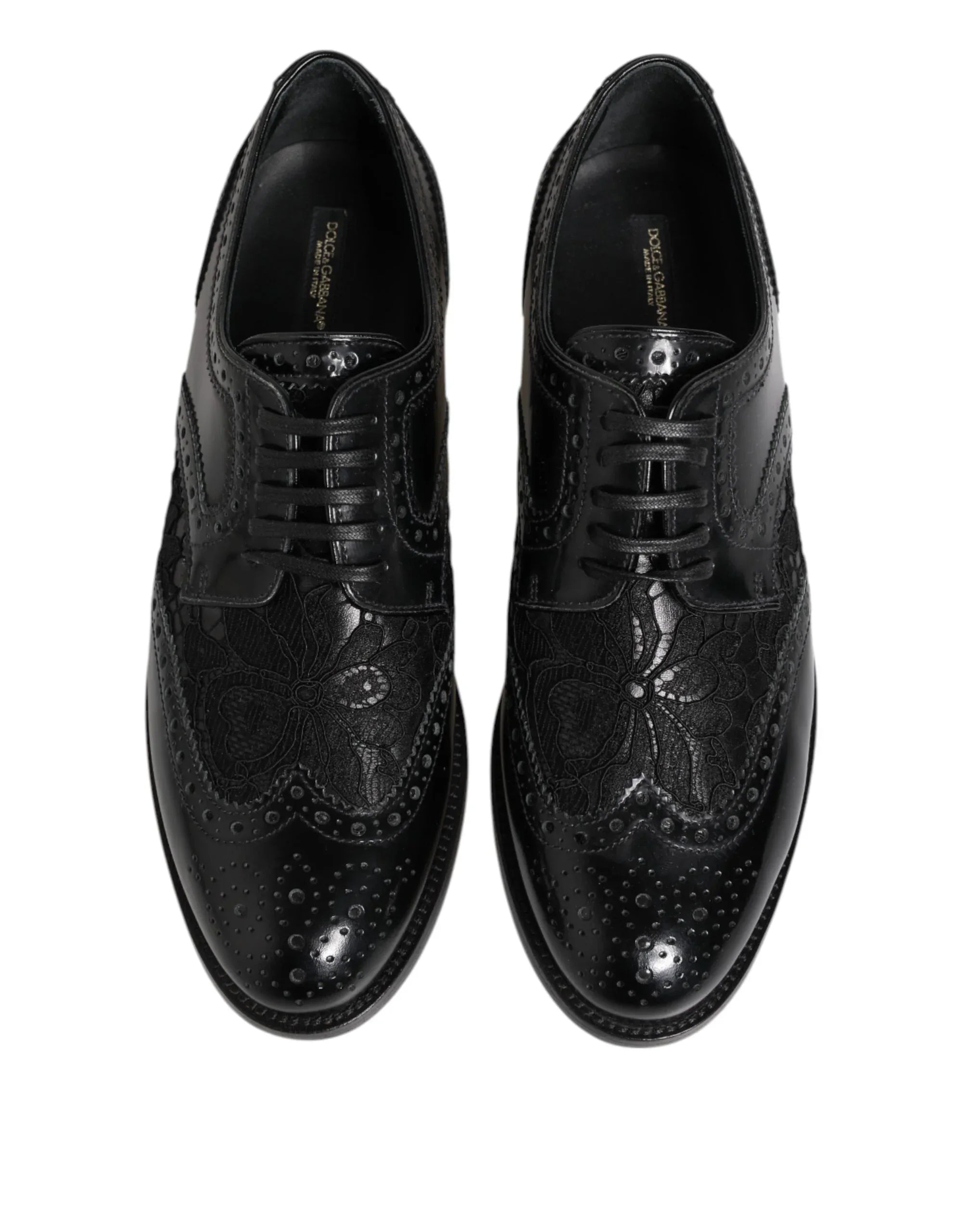 Dolce & Gabbana Black Leather Floral Lace Dress Formal Shoes - Zeiniez