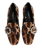 Dolce & Gabbana Brown Leopard Print Crystals Loafers Flats Shoes - Zeiniez