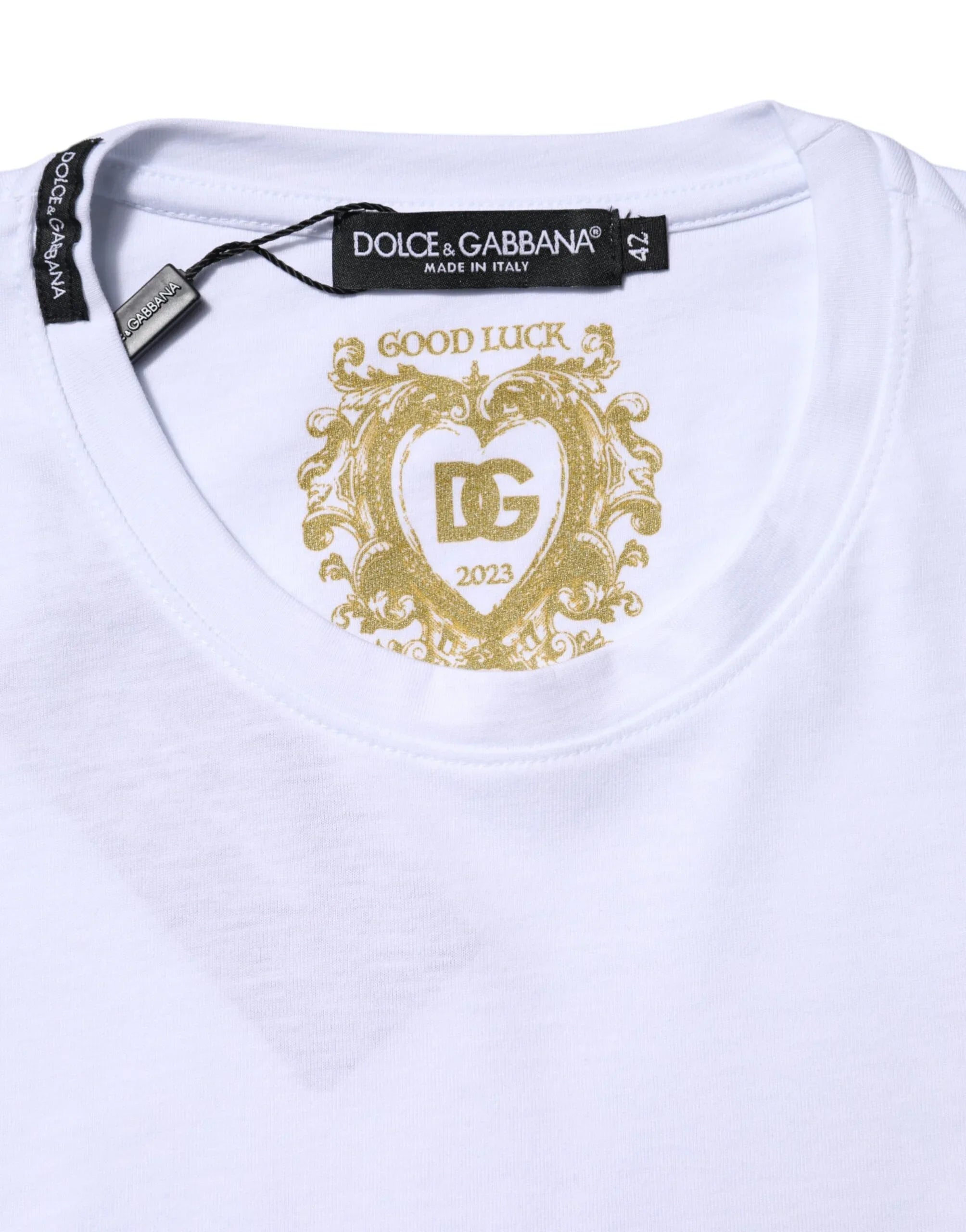 Dolce & Gabbana White Cotton Goodluck 2023 Crew Neck T-shirt - Zeiniez