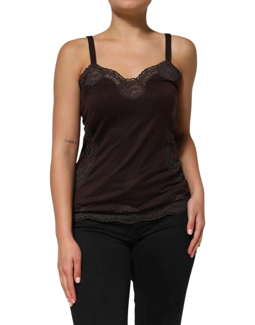 Dolce & Gabbana Dark Brown Lace Trim Wool Sleeveless Tank Top - Zeiniez
