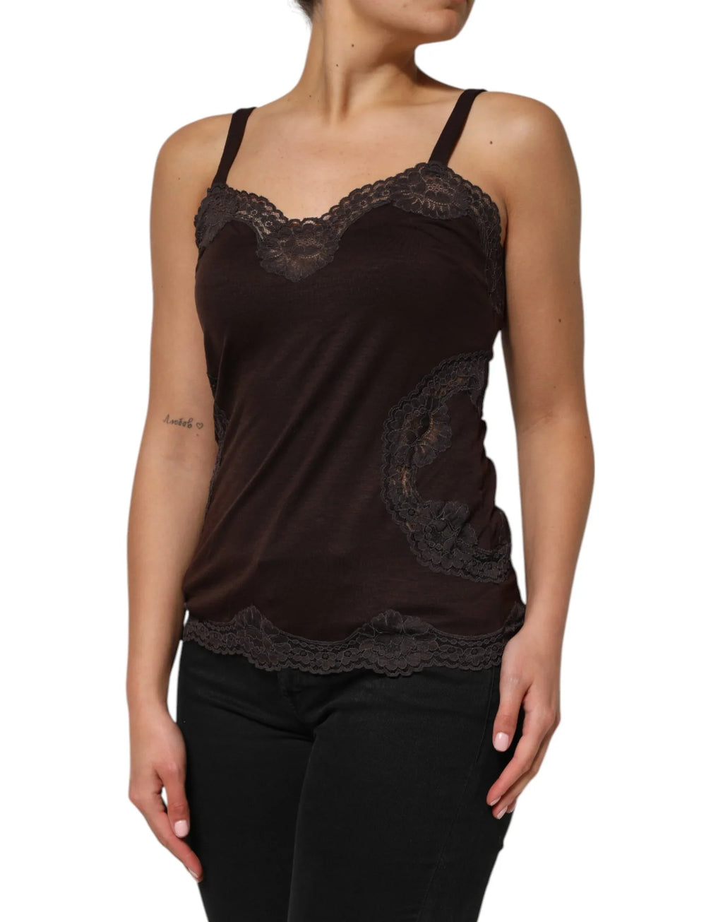Dolce & Gabbana Dark Brown Lace Trim Wool Sleeveless Tank Top - Zeiniez