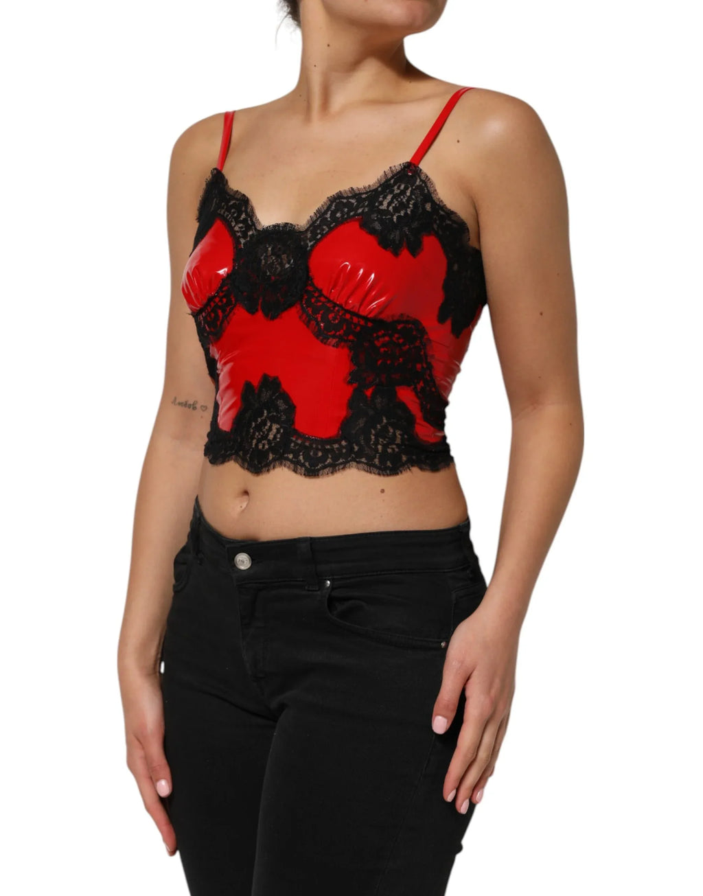 Dolce & Gabbana Red Black Lace Trim Polyester Sleeveless Tank Top - Zeiniez