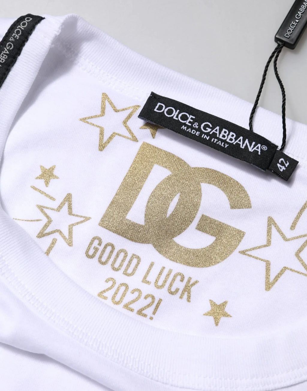 Dolce & Gabbana White Cotton Goodluck 2022 Crew Neck T-shirt - Zeiniez