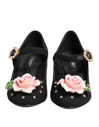 Dolce & Gabbana Black Flower Crystal Embellished Mary Jane Shoes - Zeiniez