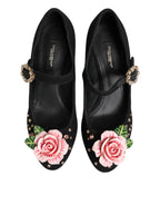 Dolce & Gabbana Black Flower Crystal Embellished Mary Jane Shoes - Zeiniez