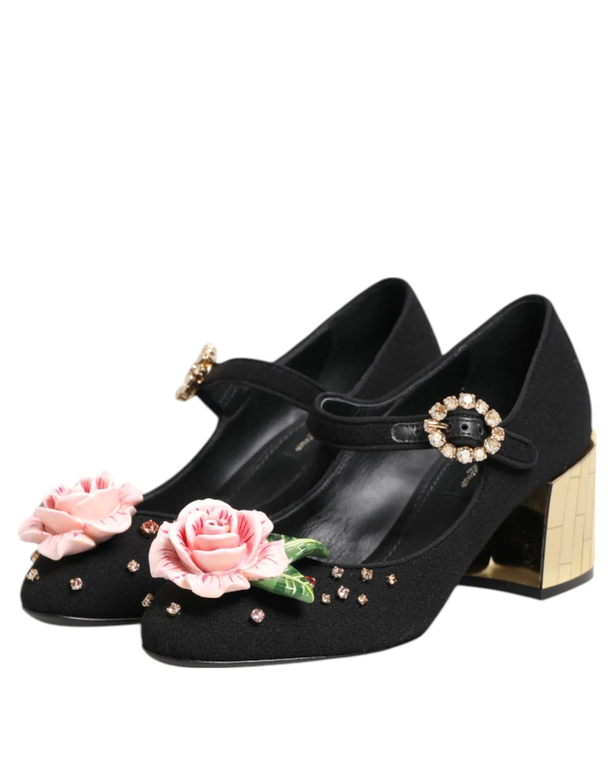 Dolce & Gabbana Black Flower Crystal Embellished Mary Jane Shoes - Zeiniez