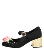 Dolce & Gabbana Black Flower Crystal Embellished Mary Jane Shoes - Zeiniez