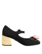 Dolce & Gabbana Black Flower Crystal Embellished Mary Jane Shoes - Zeiniez