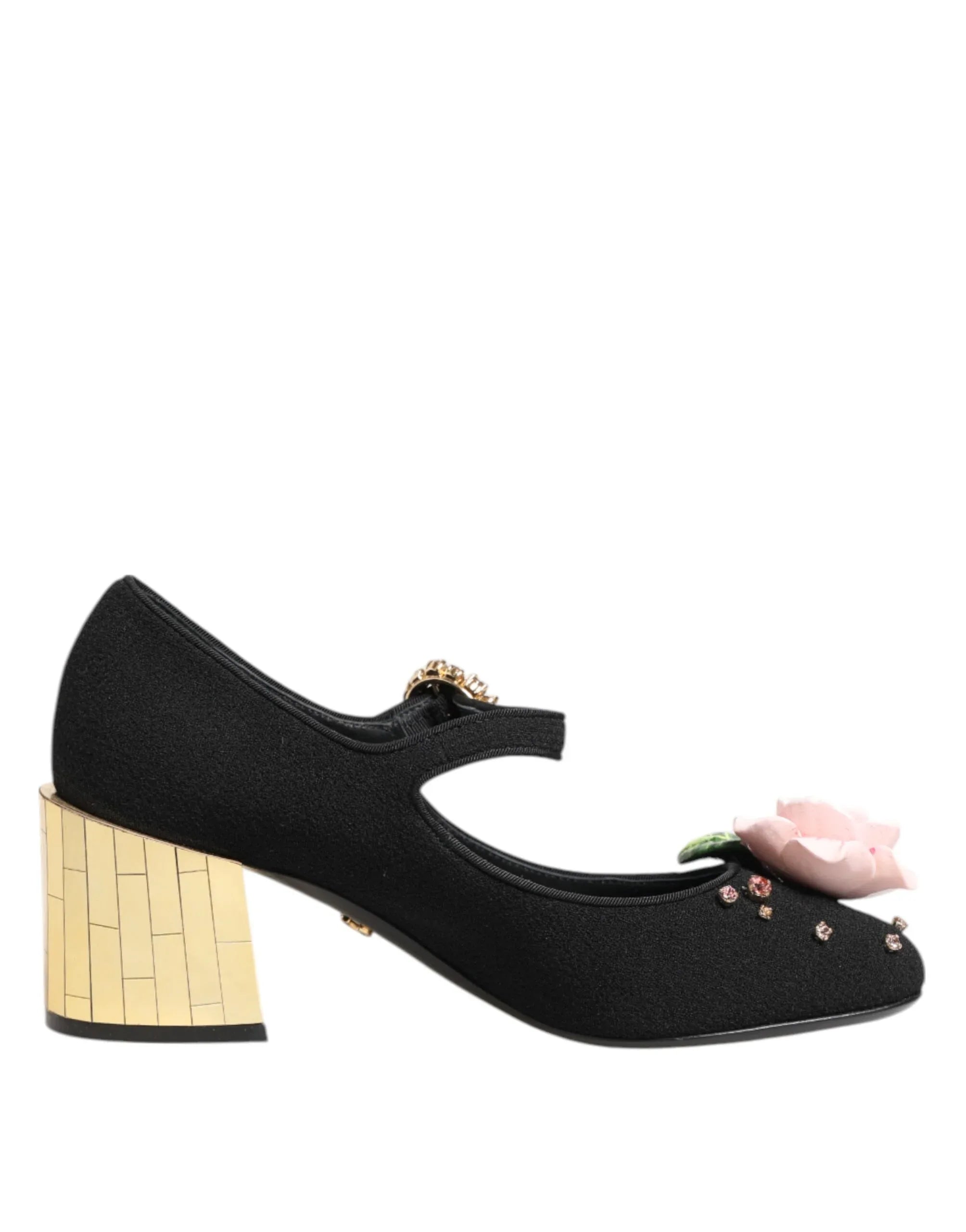 Dolce & Gabbana Black Flower Crystal Embellished Mary Jane Shoes - Zeiniez