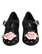 Dolce & Gabbana Black Flower Crystal Embellished Mary Jane Shoes - Zeiniez