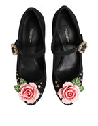Dolce & Gabbana Black Flower Crystal Embellished Mary Jane Shoes - Zeiniez