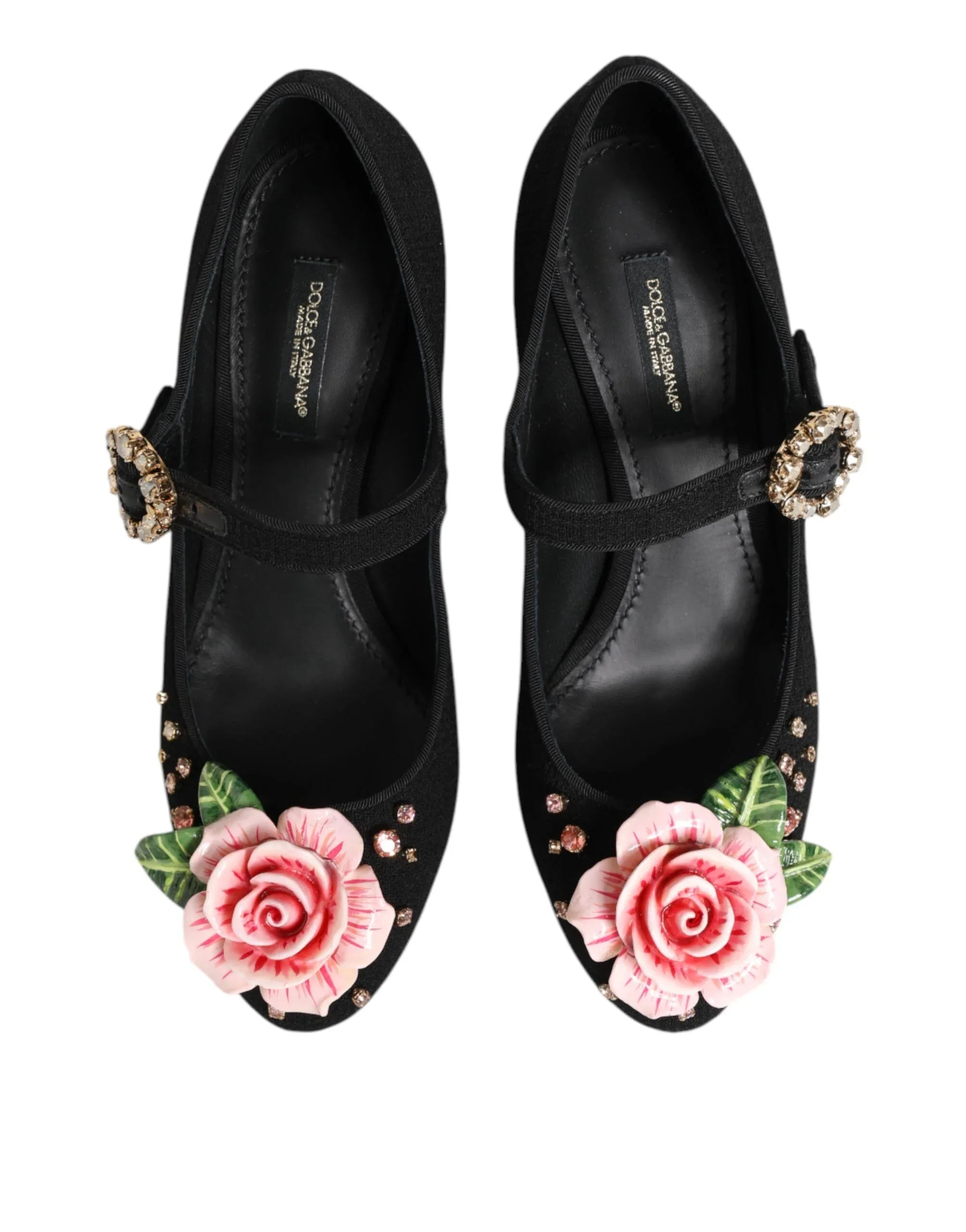 Dolce & Gabbana Black Flower Crystal Embellished Mary Jane Shoes - Zeiniez