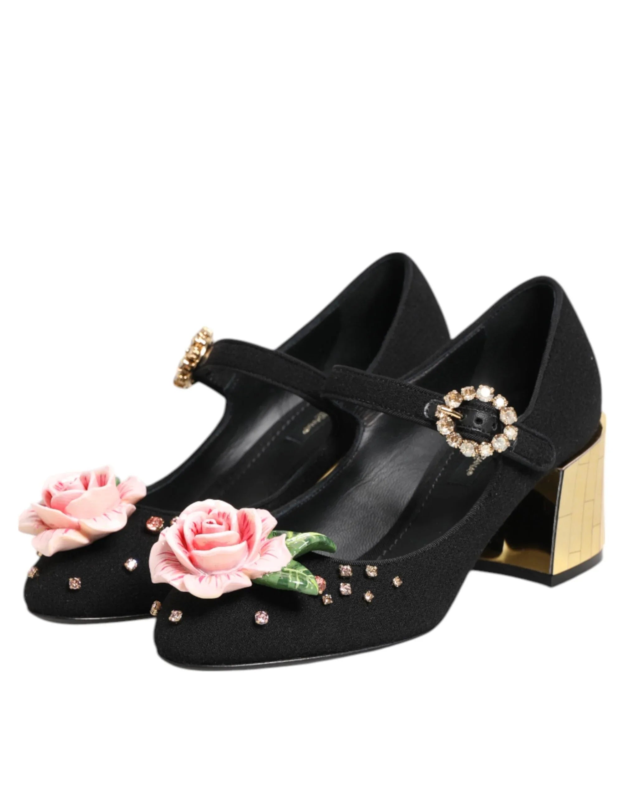 Dolce & Gabbana Black Flower Crystal Embellished Mary Jane Shoes - Zeiniez