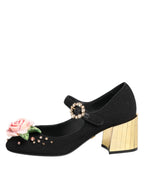 Dolce & Gabbana Black Flower Crystal Embellished Mary Jane Shoes - Zeiniez
