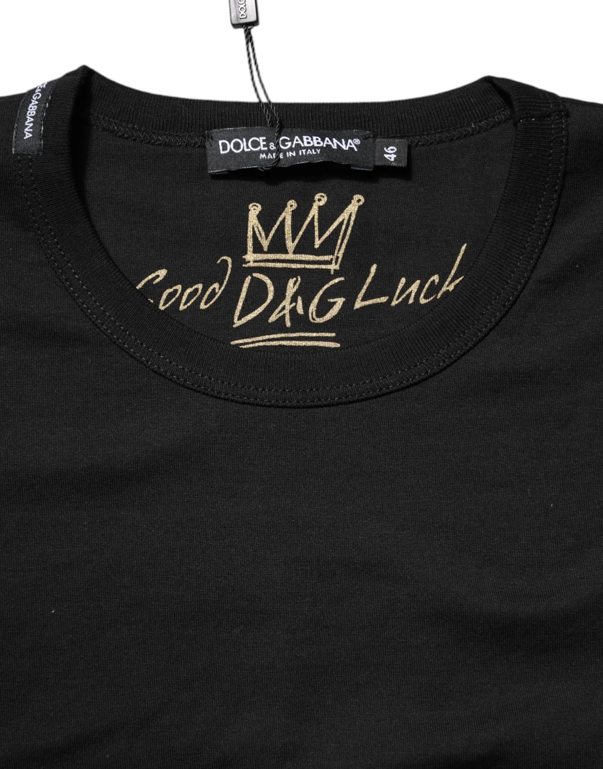 Dolce & Gabbana Black Cotton Goodluck Tee Crew Neck T-shirt - Zeiniez