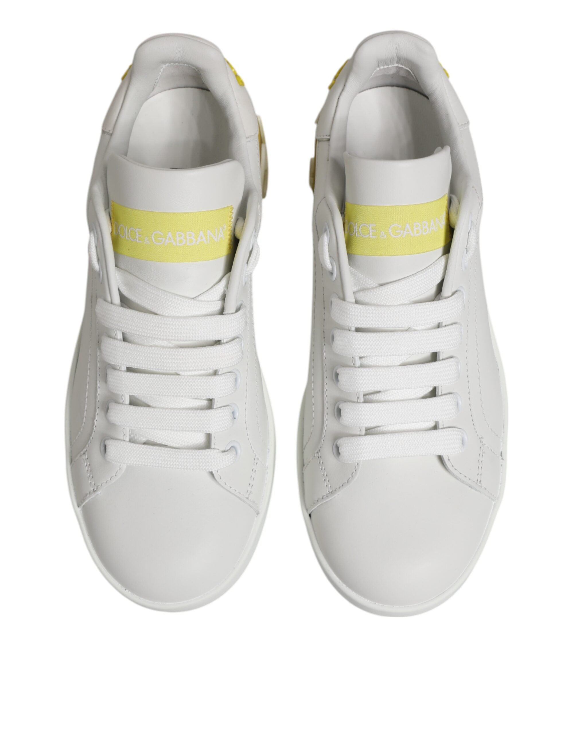 Dolce & Gabbana White Yellow Leather Low Top Sneakers Shoes - Zeiniez