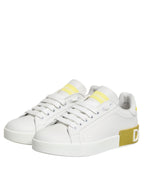 Dolce & Gabbana White Yellow Leather Low Top Sneakers Shoes - Zeiniez