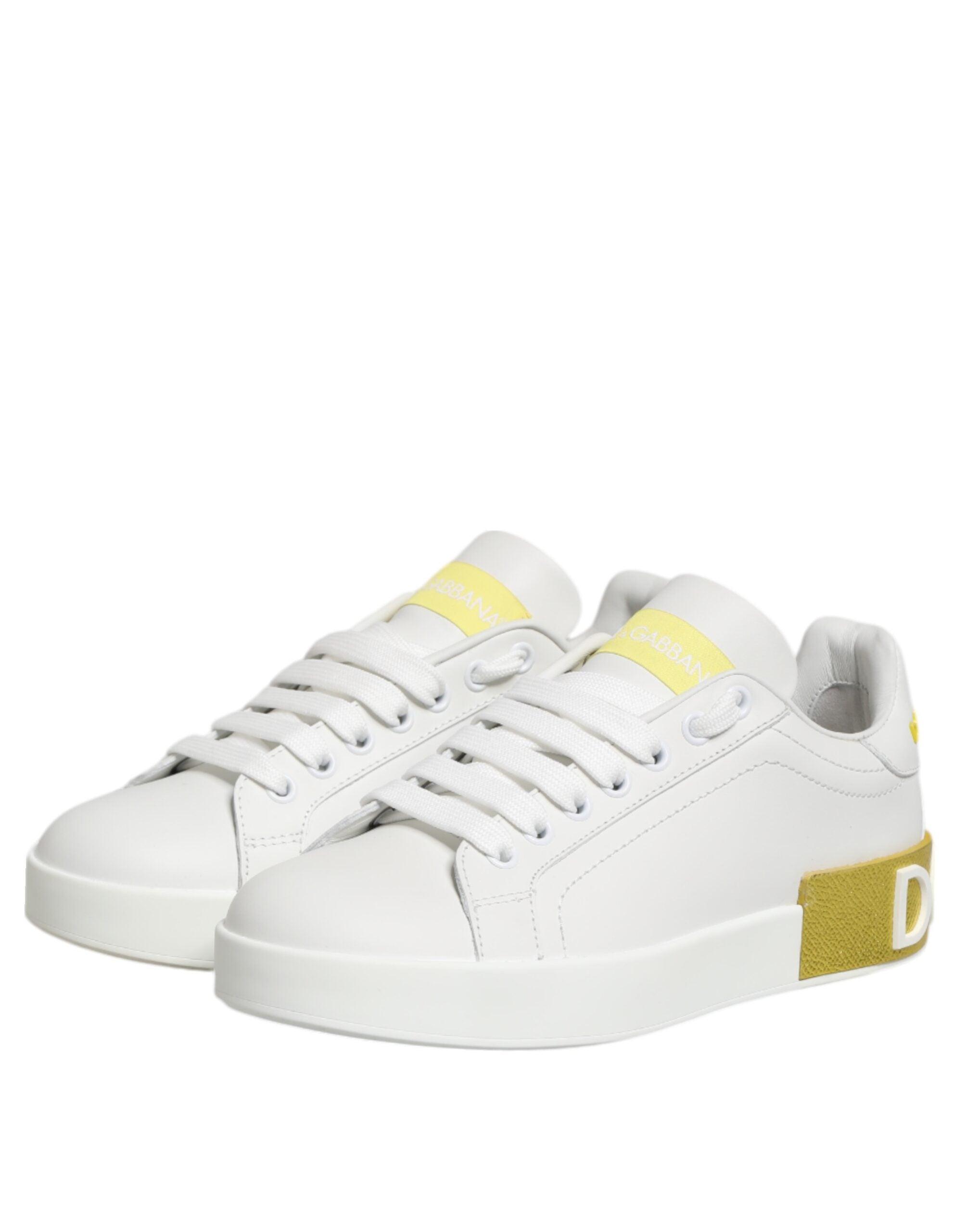 Dolce & Gabbana White Yellow Leather Low Top Sneakers Shoes - Zeiniez