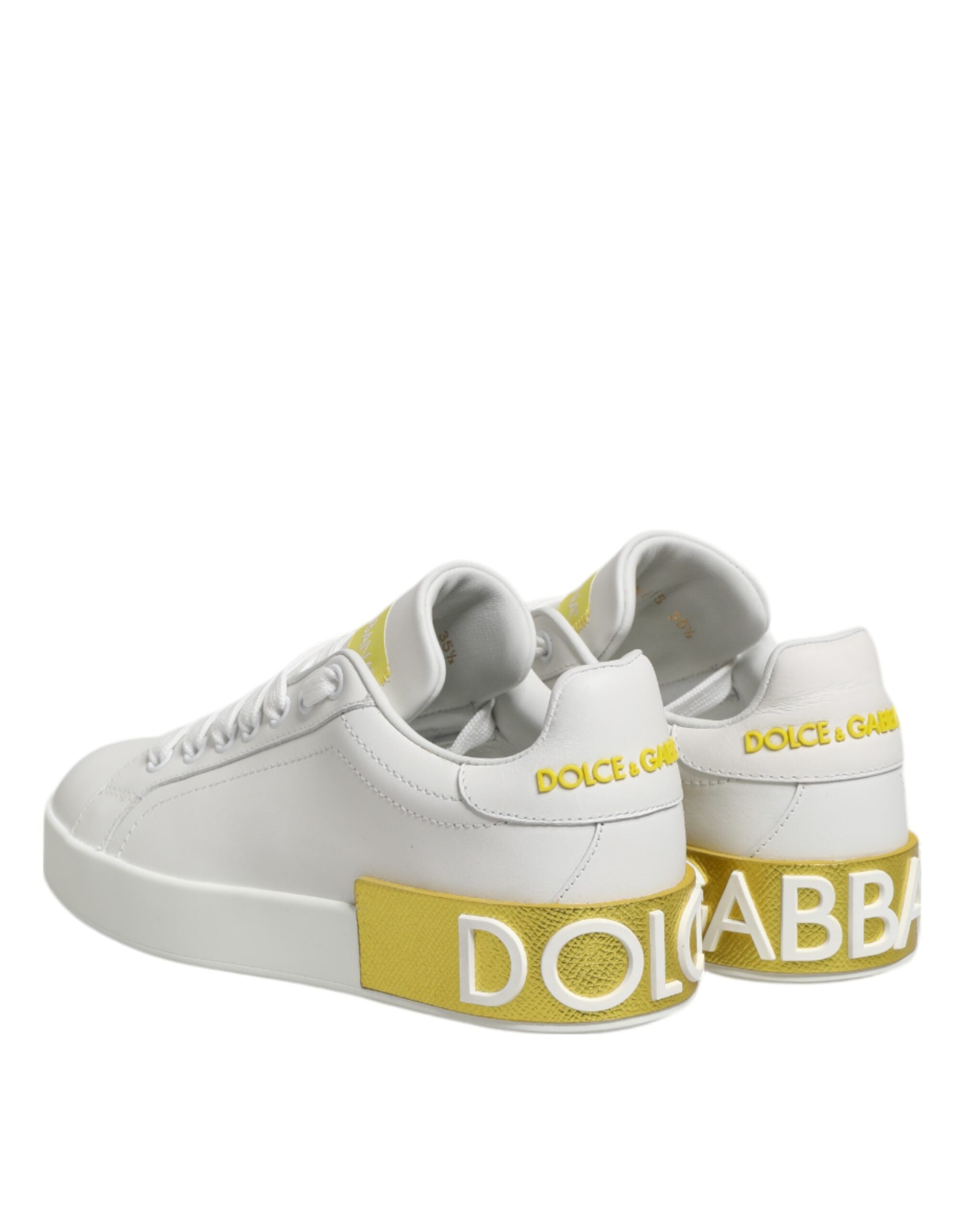 Dolce & Gabbana White Yellow Leather Low Top Sneakers Shoes - Zeiniez