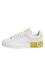 Dolce & Gabbana White Yellow Leather Low Top Sneakers Shoes - Zeiniez