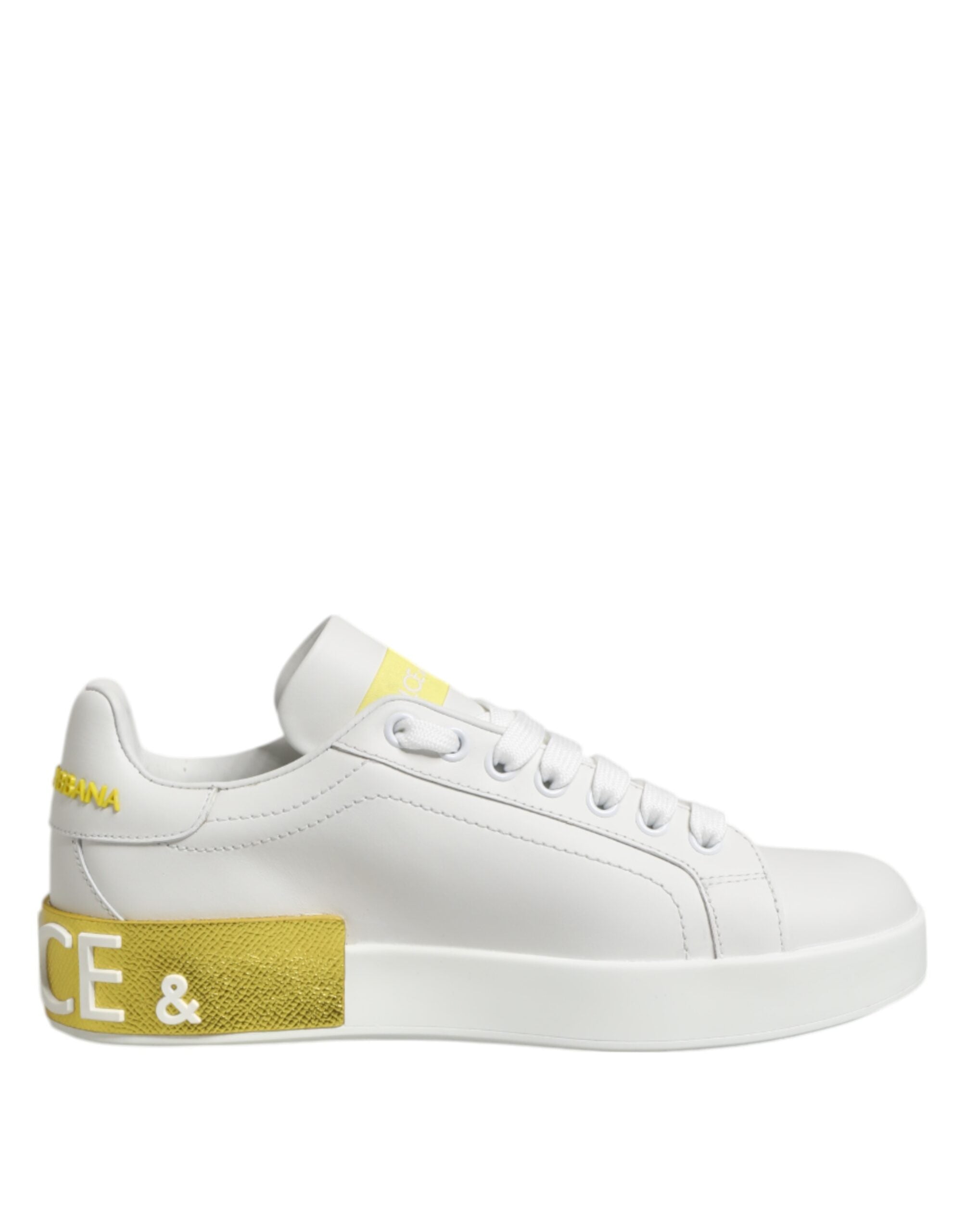 Dolce & Gabbana White Yellow Leather Low Top Sneakers Shoes - Zeiniez