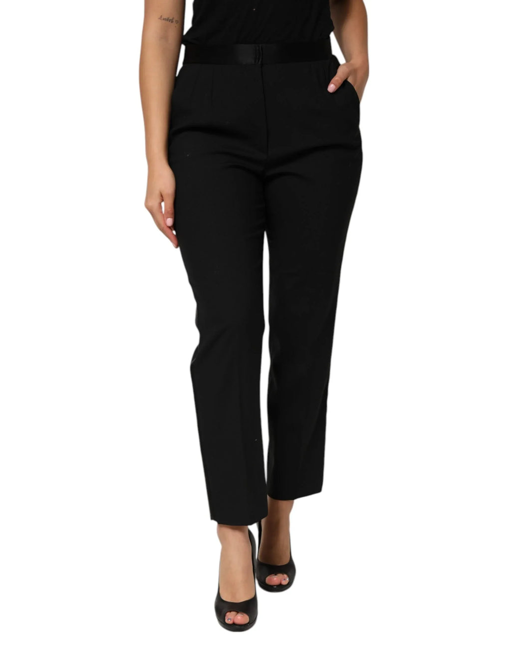 Dolce & Gabbana Black Wool HighWaist Tapered Trouser Pants - Zeiniez