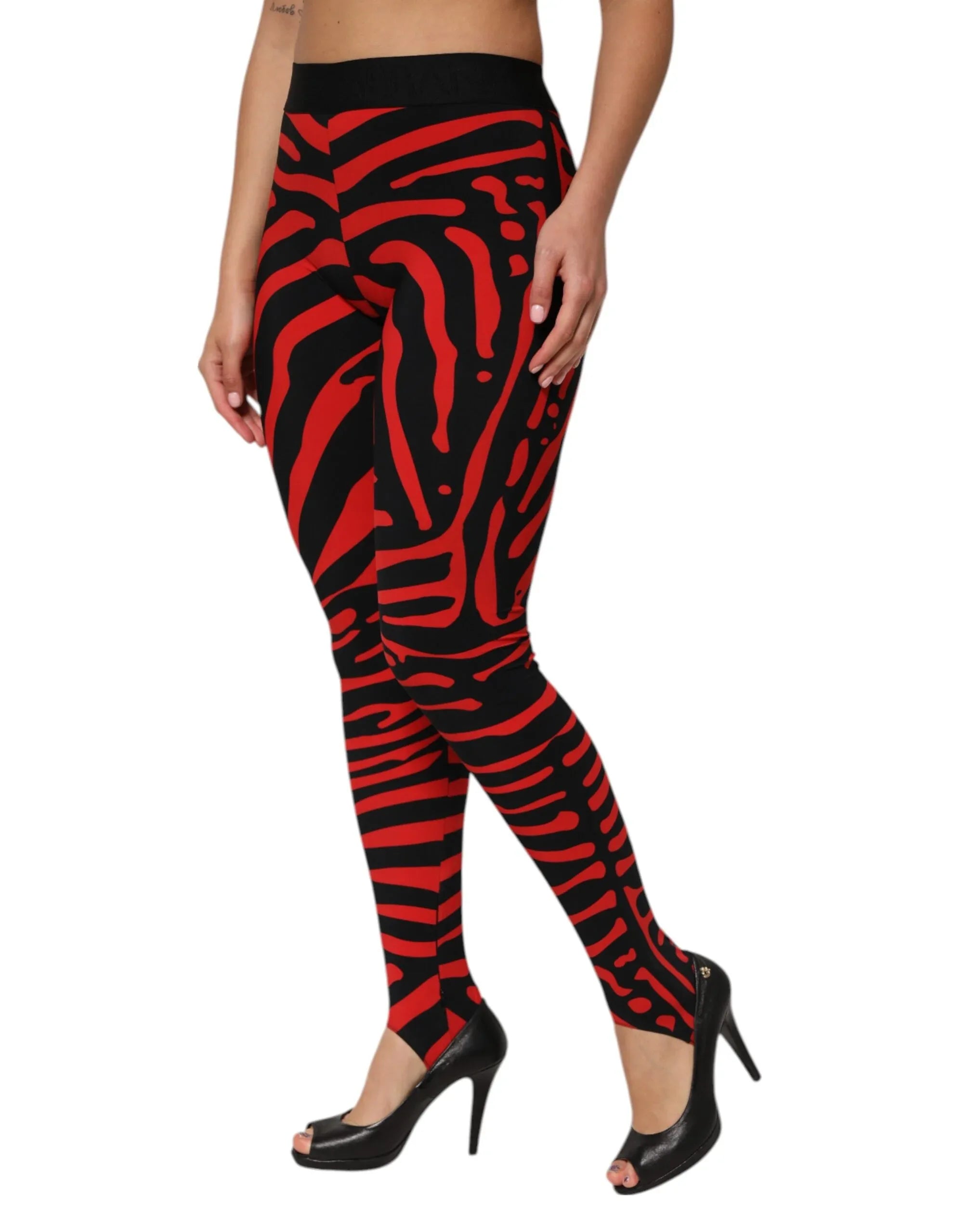 Dolce & Gabbana Black Red Nylon Logo Waisted Leggings Pants - Zeiniez