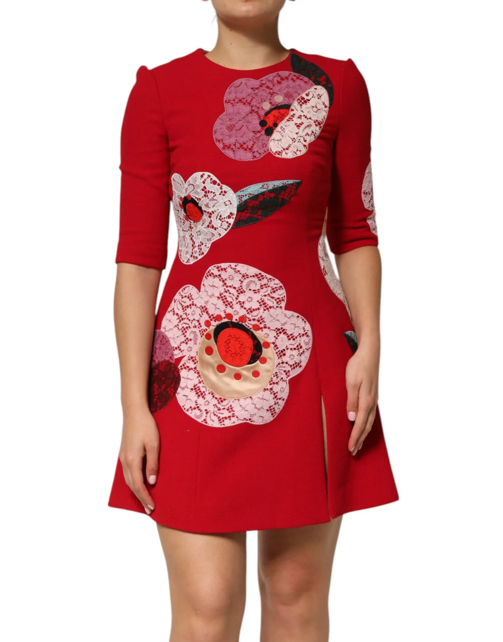 Dolce & Gabbana Red Lace Floral Applique A-line Mini Dress - Zeiniez