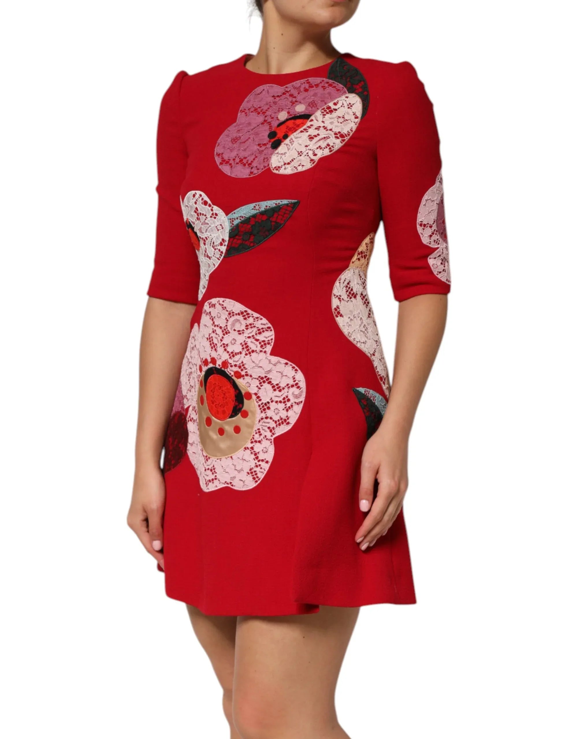 Dolce & Gabbana Red Lace Floral Applique A-line Mini Dress - Zeiniez