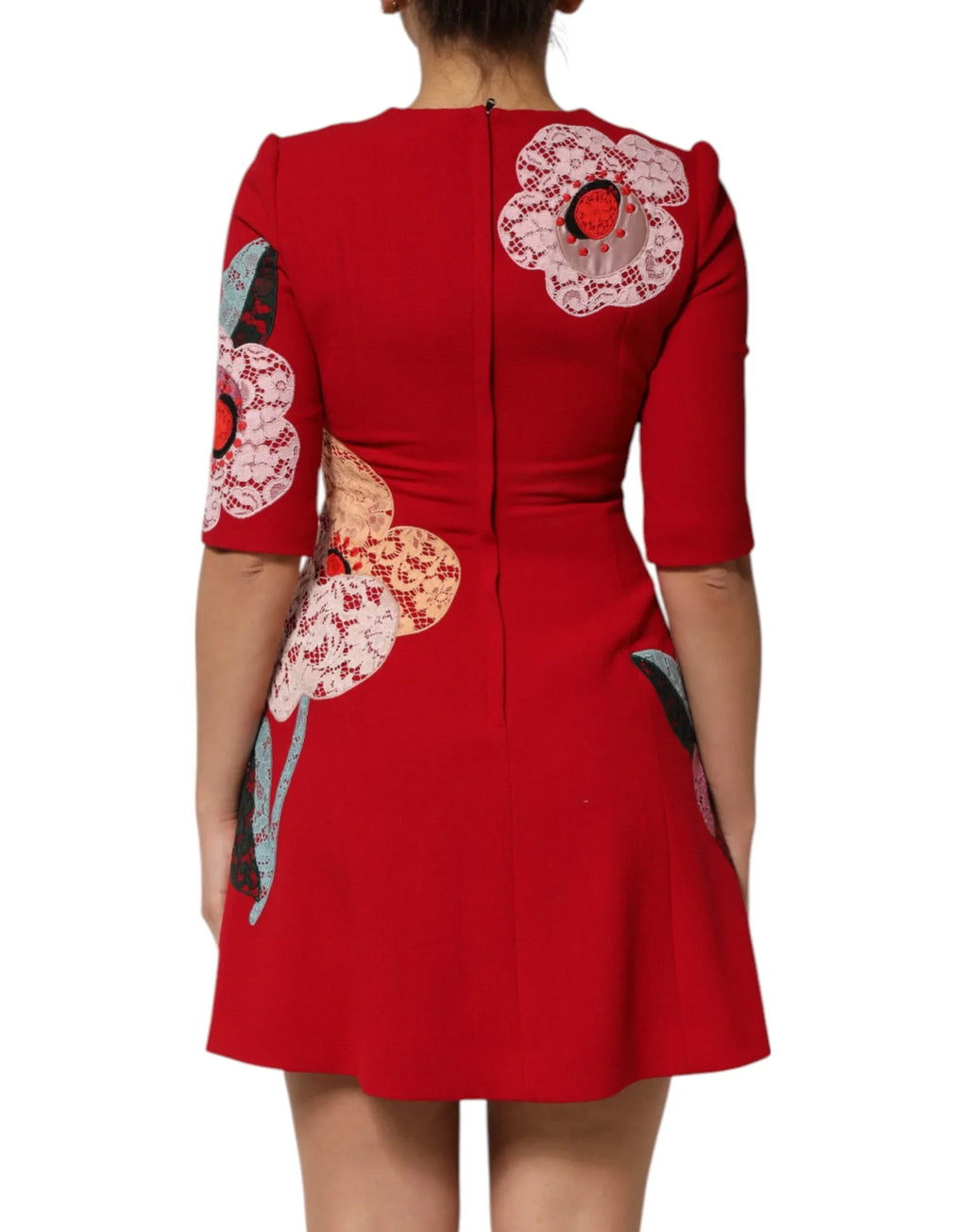 Dolce & Gabbana Red Lace Floral Applique A-line Mini Dress - Zeiniez