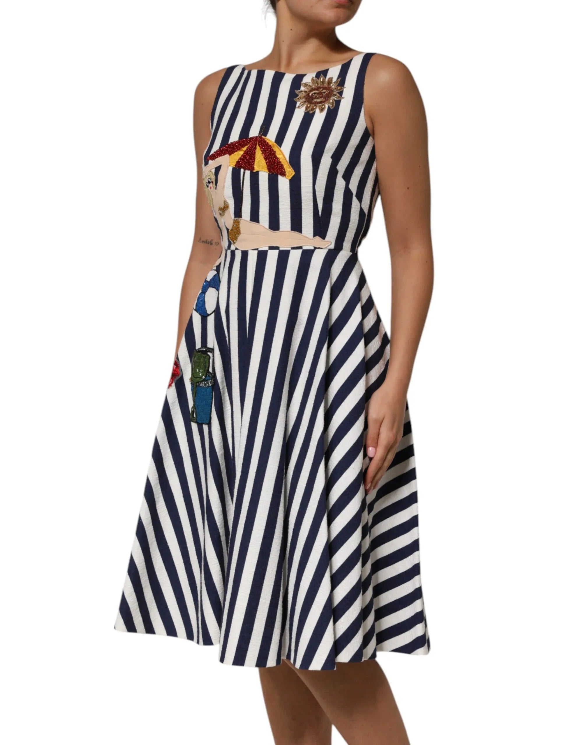 Dolce & Gabbana Blue White Striped Embroidered A-line Dress - Zeiniez