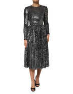 Dolce & Gabbana Black Sequined Long Sleeves Midi A-line Dress - Zeiniez