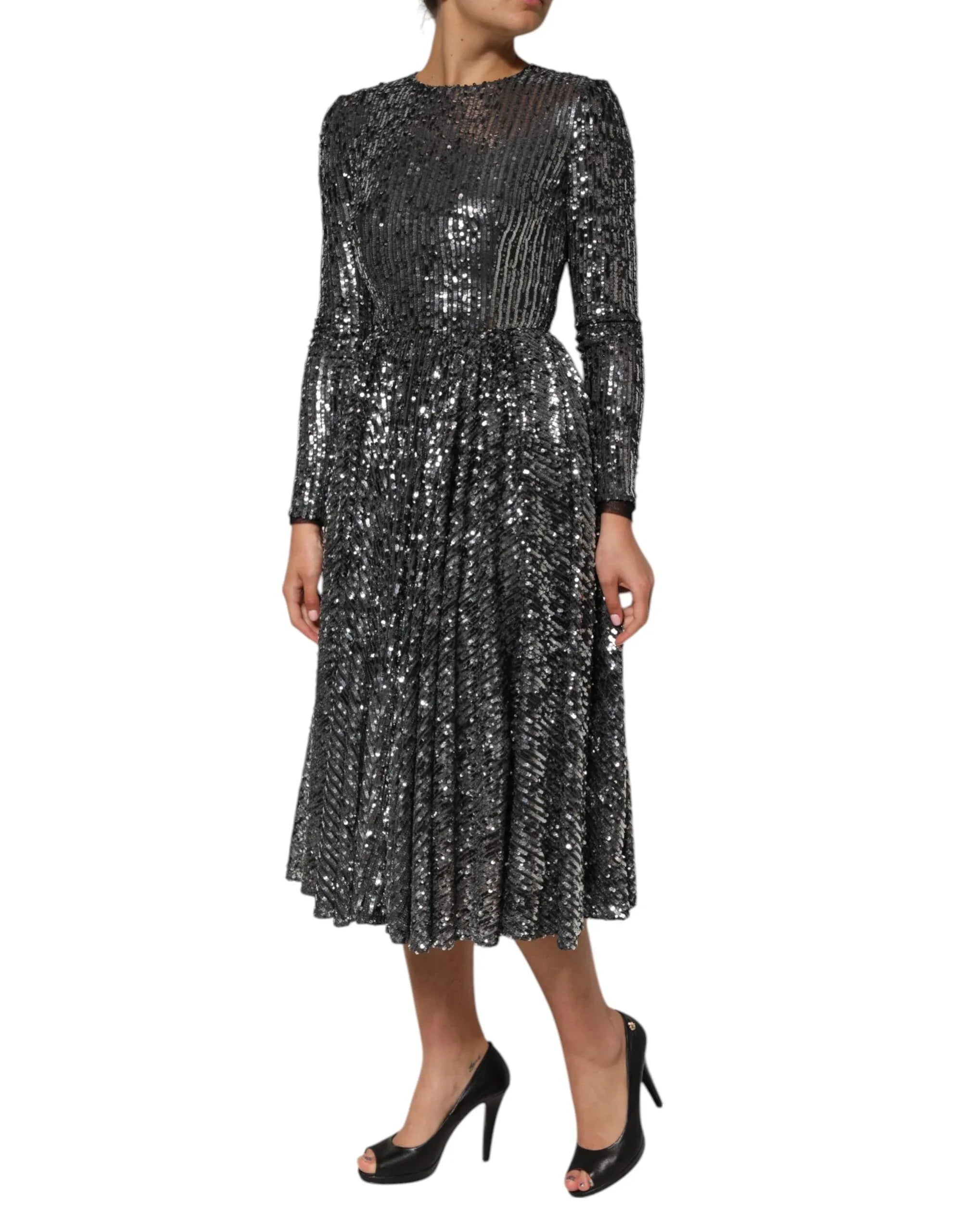Dolce & Gabbana Black Sequined Long Sleeves Midi A-line Dress - Zeiniez