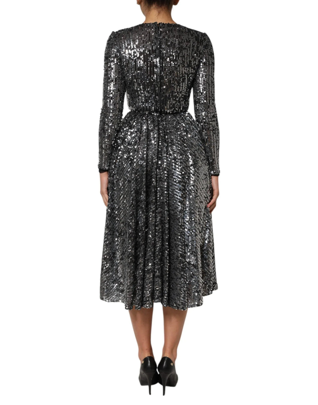 Dolce & Gabbana Black Sequined Long Sleeves Midi A-line Dress - Zeiniez