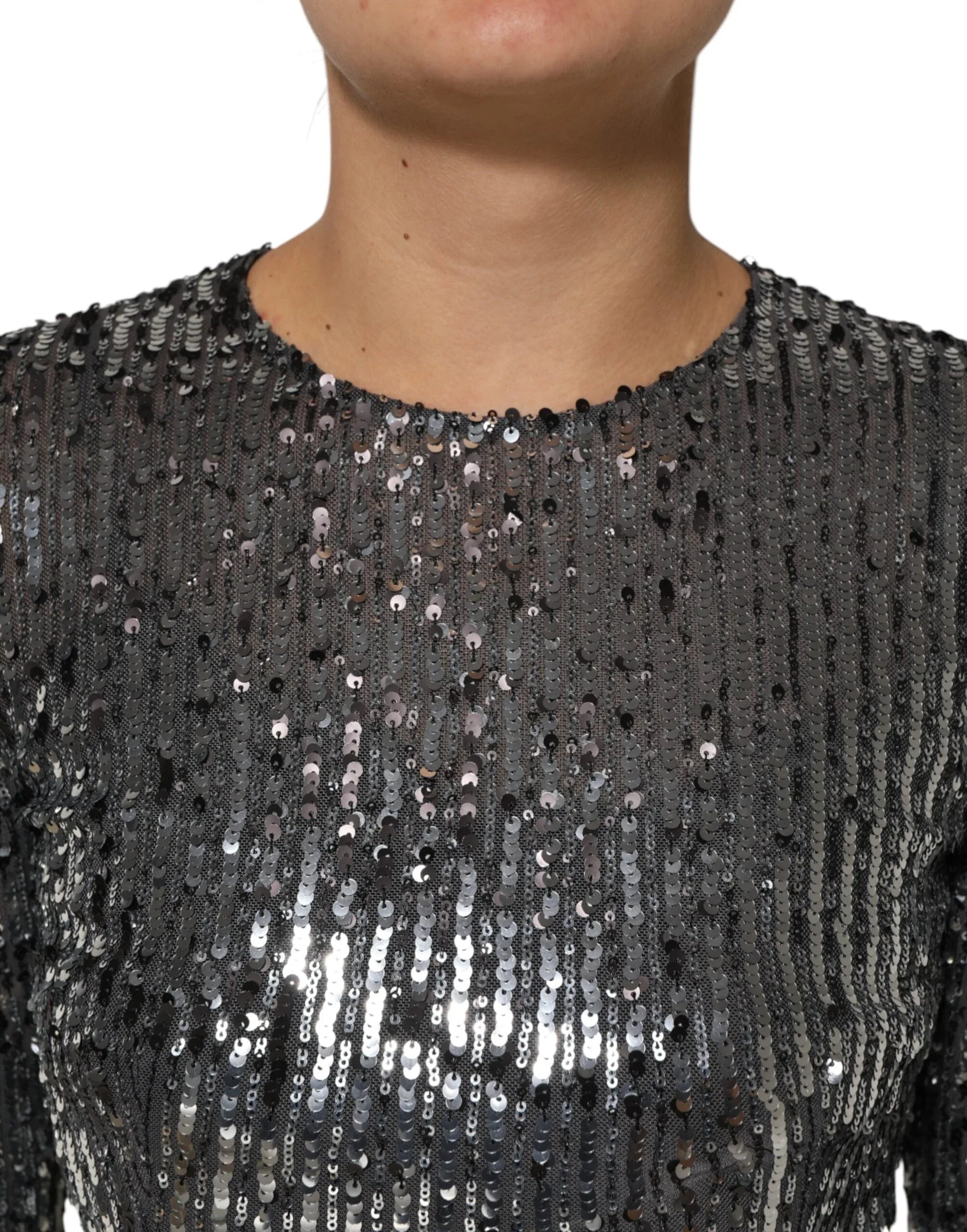 Dolce & Gabbana Black Sequined Long Sleeves Midi A-line Dress - Zeiniez