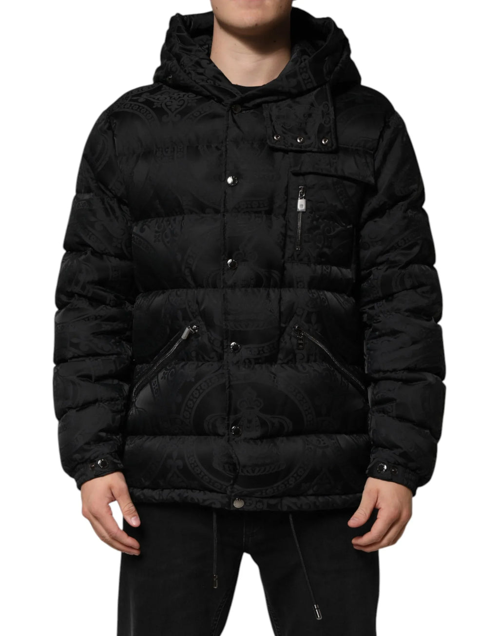 Dolce & Gabbana Black Jacquard Quilted Puffer Hooded Jacket - Zeiniez