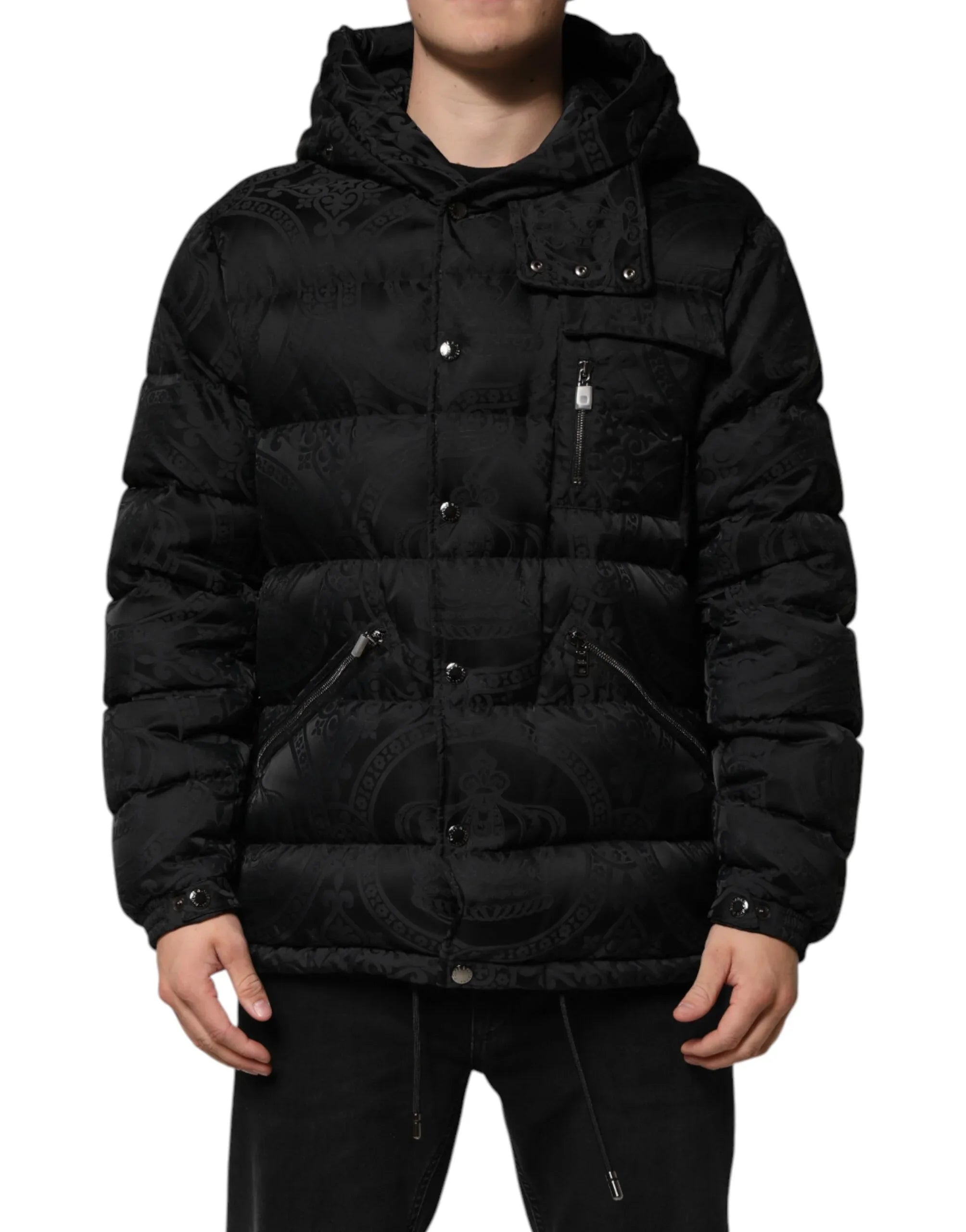Dolce & Gabbana Black Jacquard Quilted Puffer Hooded Jacket - Zeiniez