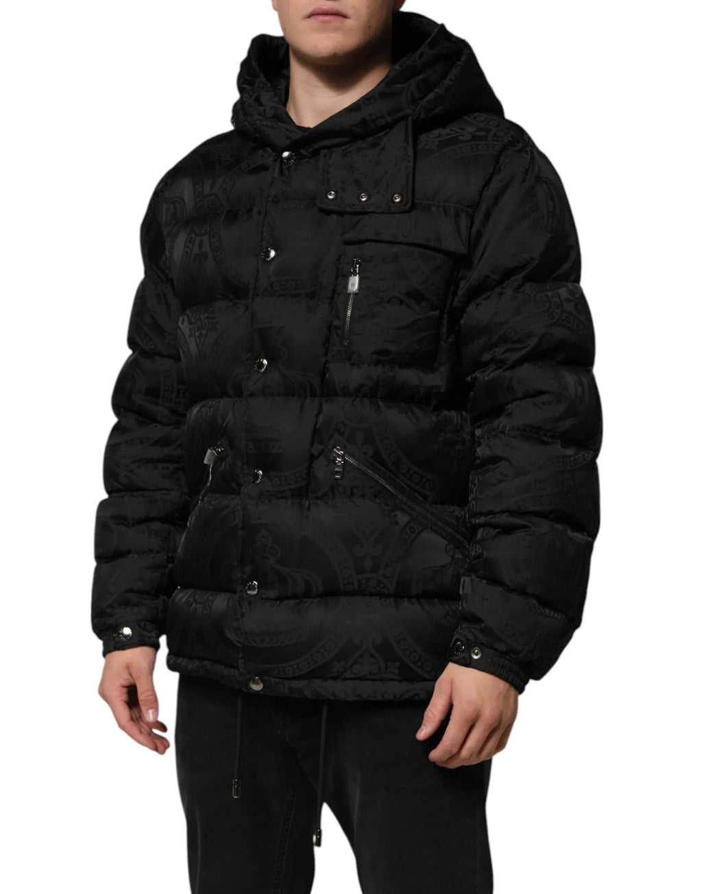 Dolce & Gabbana Black Jacquard Quilted Puffer Hooded Jacket - Zeiniez
