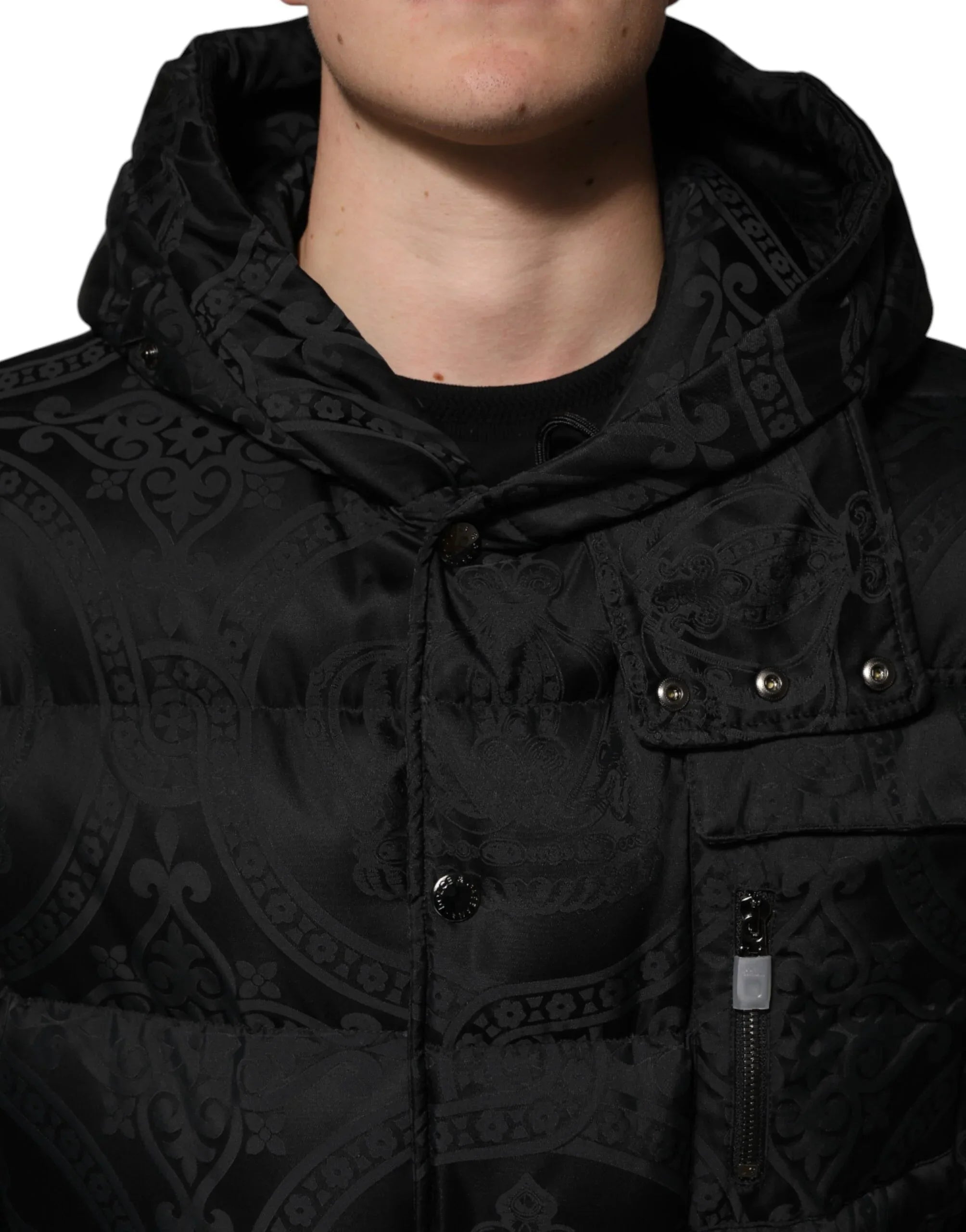 Dolce & Gabbana Black Jacquard Quilted Puffer Hooded Jacket - Zeiniez