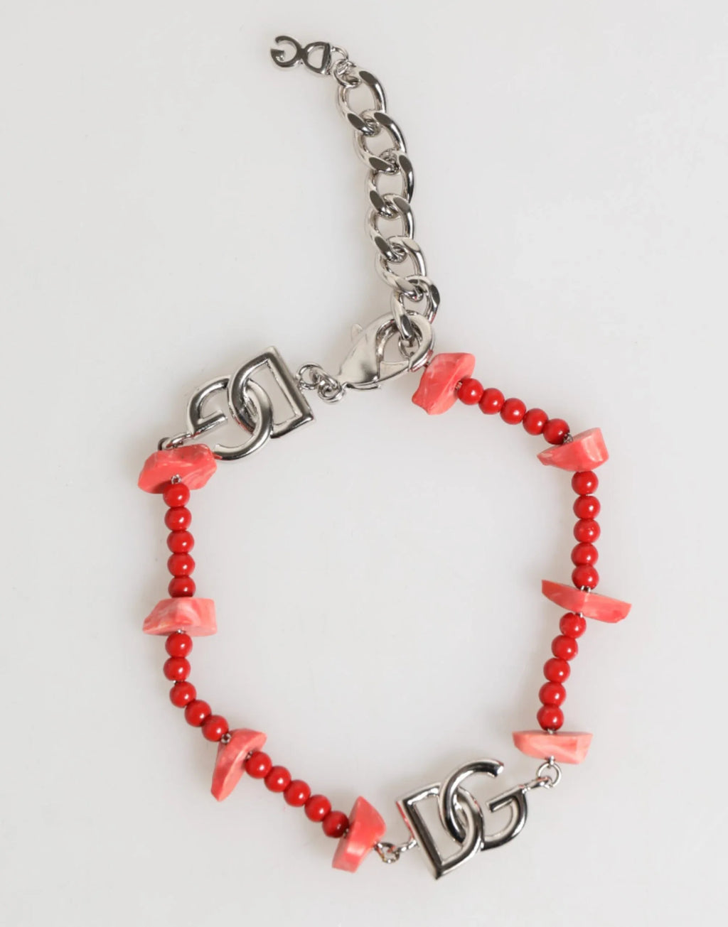 Dolce & Gabbana Silver Tone Brass Beaded Resin DG Logo Chain Men Bracelet - Zeiniez