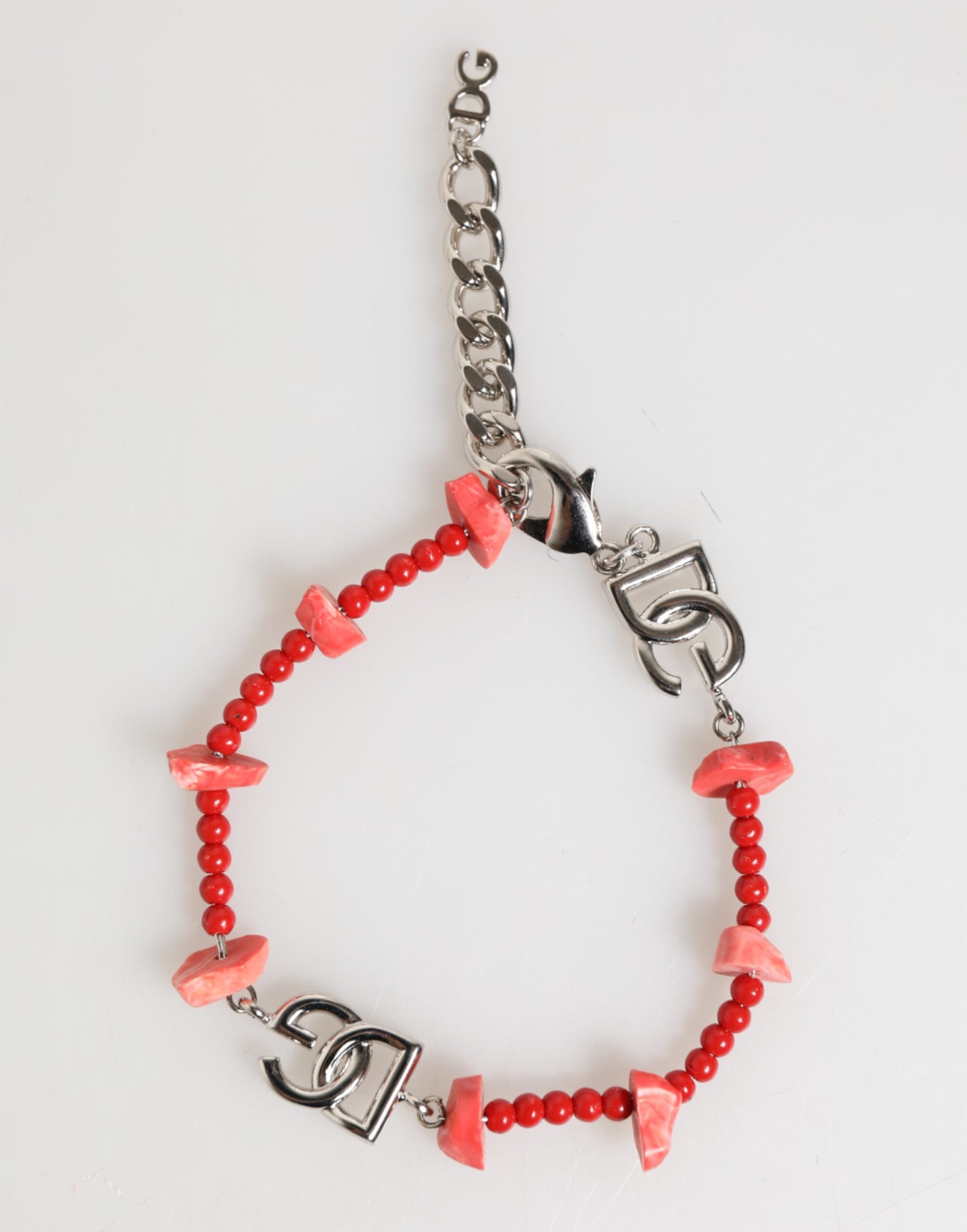 Dolce & Gabbana Silver Tone Brass Beaded Resin DG Logo Chain Men Bracelet - Zeiniez