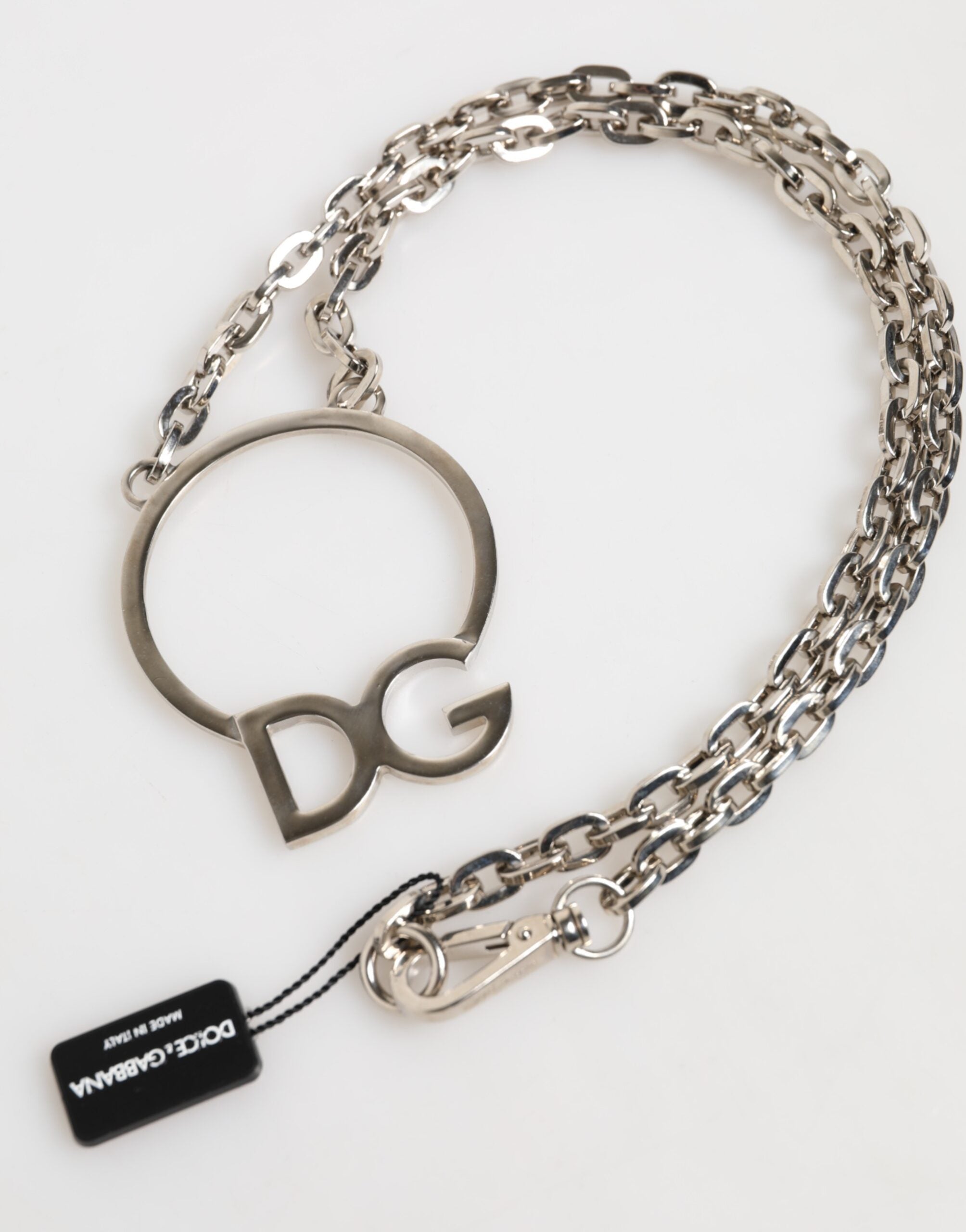 Dolce & Gabbana Silver Tone Brass Chain DG Logo Pendant Men Necklace - Zeiniez