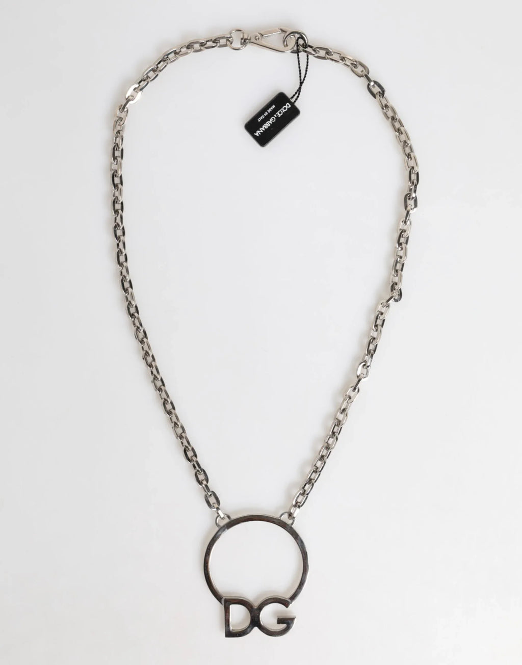 Dolce & Gabbana Silver Tone Brass Chain DG Logo Pendant Men Necklace - Zeiniez