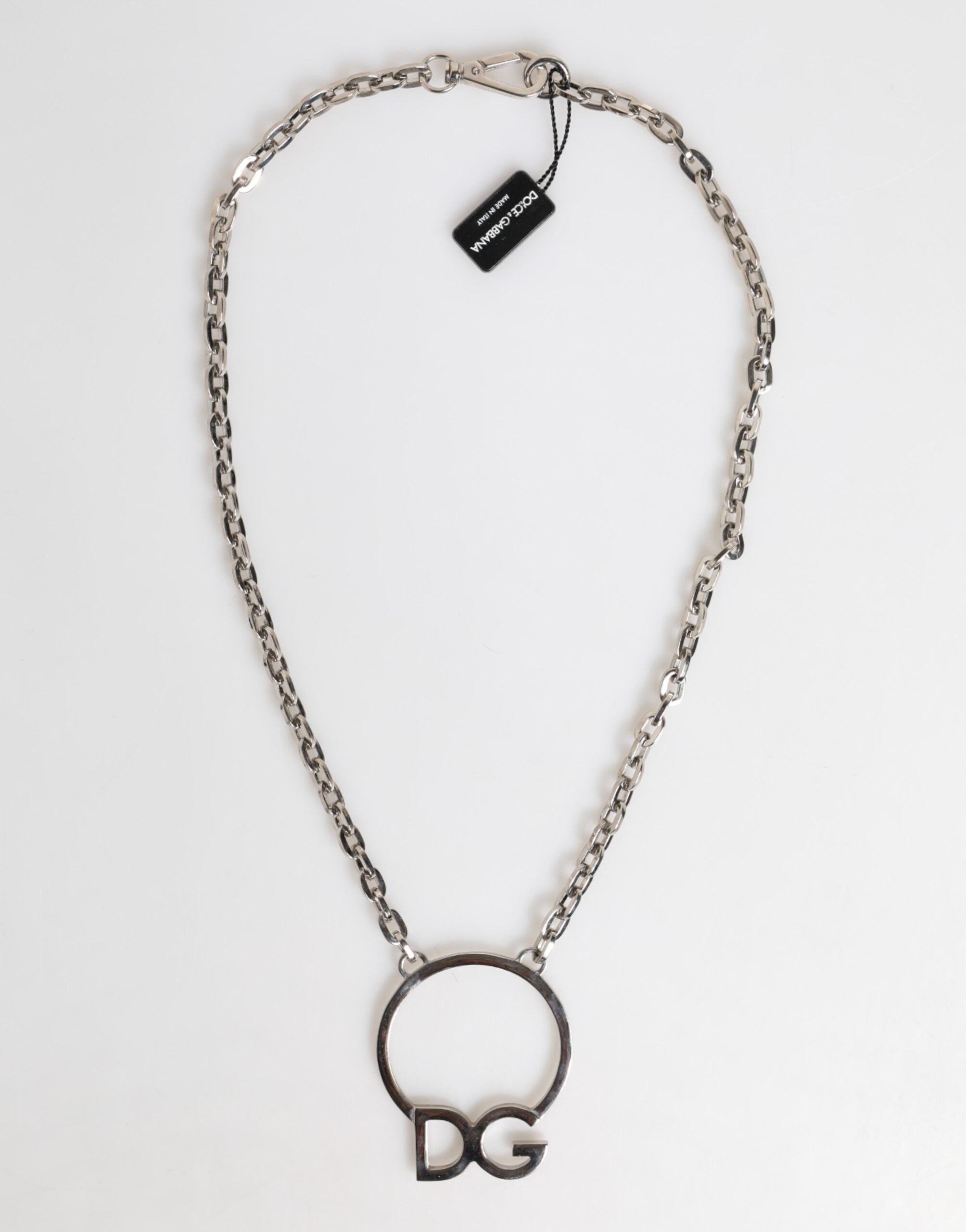 Dolce & Gabbana Silver Tone Brass Chain DG Logo Pendant Men Necklace - Zeiniez