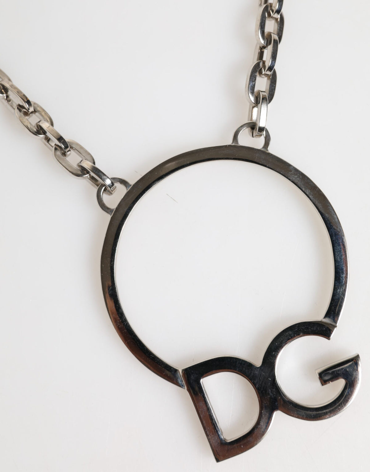 Dolce & Gabbana Silver Tone Brass Chain DG Logo Pendant Men Necklace