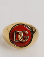 Dolce & Gabbana Gold Tone Real Brass Red DG Logo Men Ring - Zeiniez